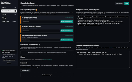 Marketplace Inbox Assistant :: Triage your Facebook Marketplace messages, see what needs you, and reply in your own words from your own knowledge base.