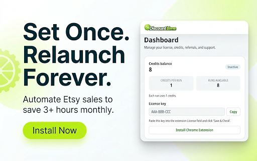 Etsy Sales & Discounts Automation Scheduler :: Automate Etsy Run a Sale setup in seconds. Schedule discounts faster, avoid manual errors, manage Etsy Sales & Discounts with ease