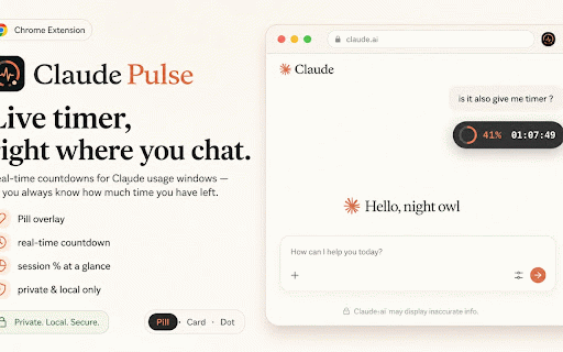 Claude Pulse - Daily & Weekly Usage Tracker :: Claude.ai usage dashboard with live limits, reset countdowns, burn rate, history, and overlay. Your data stays in-browser.