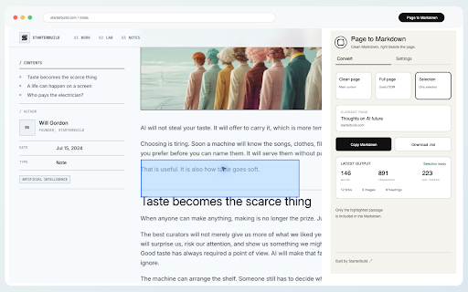 Page to Markdown by StarterBuild :: Turn any webpage or selection into clean Markdown for AI, notes, and documentation.