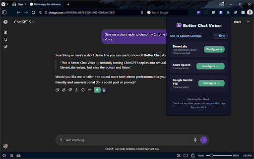 Better Chat Voice :: This extension adds a 'Read with ElevenLabs' button to ChatGPT responses, allowing you to convert text to speech using ElevenLabs.