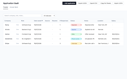 Application Vault :: Capture job applications - the posting, your resume, and every answer you typed - into a local, private tracker.