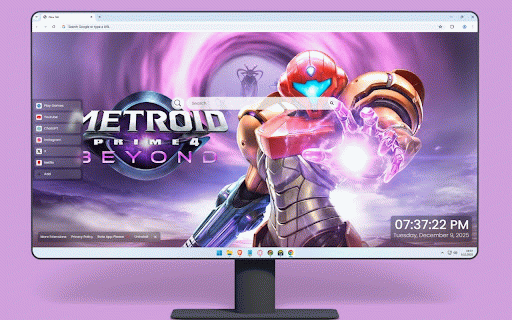 Metroid Prime 4 Live Wallpaper :: Samus Aran in power suit with purple energy and iconic helmet against dimensional portal.