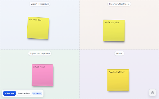 Sticky Notes — New Tab Board :: Replace your New Tab with a freeform sticky-note board. Drag, resize, columns, quadrants, checklists. Synced. Four themes.