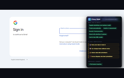Privacy Shield – Terms & Breach Checker :: See what data sites collect, dangerous T&C clauses, and breach history — shown instantly when you sign up or log in.