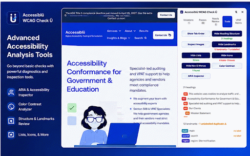 Accessiblu: WCAG Accessibility Audit + VPAT :: Professional WCAG 2.2 audit tool with VPAT matrix and ACR export. Automated testing and reports for developers and QA teams.