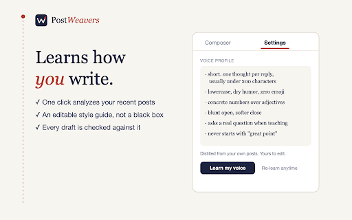 PostWeavers: AI Replies in Your Voice :: Drafts X replies in your voice. You read, edit, and press Post yourself. Never automated.