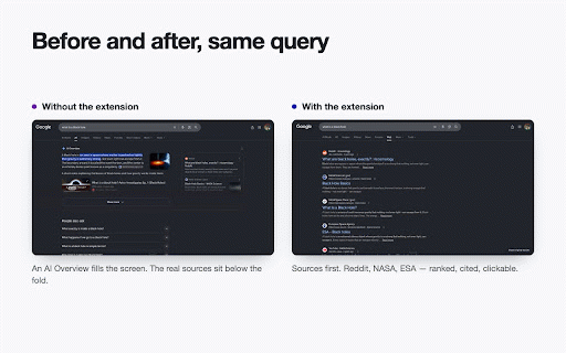 Turn Off AI Overviews & AI Mode — Web Results Only :: Removes AI Overviews and AI Mode from Google Search with Google's own Web filter — it won't break when Google changes its layout.