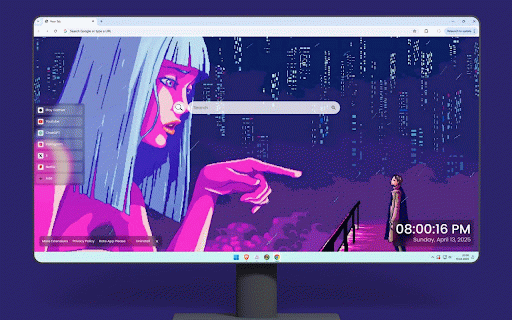Pixel Blade Runner Live Wallpaper :: Pixel art cyberpunk city with a neon-lit giant figure in a Blade Runner night scene.