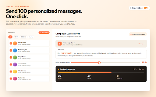 ChatPilotCRM — Facebook Messenger CRM :: Turn Facebook Messenger into a CRM for freelancers, agencies, and coaches. Tag contacts, track friend requests, send bulk DMs.
