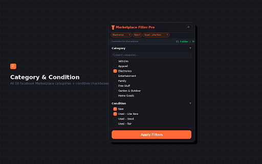 Marketplace Filter Pro :: Advanced filtering for Facebook Marketplace — price ranges, keyword include/exclude, category filters, condition toggles, and more.