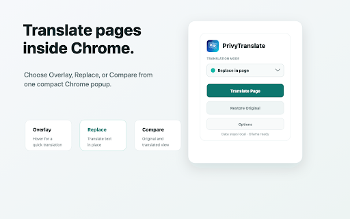 PrivyTranslate :: Privately translate web pages and text with Chrome's built-in Translator or your local AI provider.