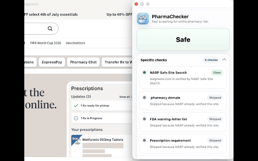 PharmaChecker :: Checks online pharmacy sites against NABP, FDA warning-list, .pharmacy, prescription, and license signals.