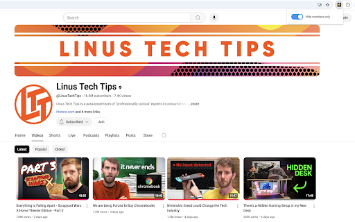 Hide Members Only Videos :: Hides YouTube members-only videos, with a toggle button.