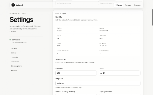 Veilprint :: Present websites with a stable, internally consistent browser identity.