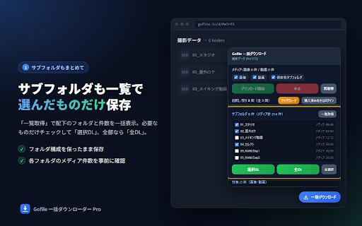 Gofile 一括ダウンローダー Pro :: Gofile のフォルダ内の画像・動画をワンクリックで一括ダウンロード。サブフォルダ対応・自動リトライ。3回まで無料、買い切りで無制限。
