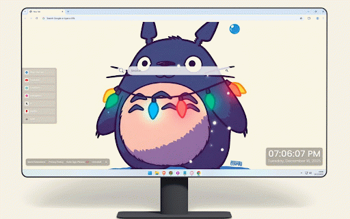 My Neighbor Totoro Christmas Lights Live Wallpaper :: Adorable Totoro wrapped in colorful Christmas lights with floating bubbles on cream background.