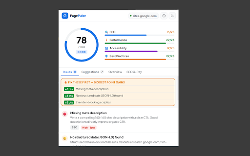 PagePulse – SEO Audit, Performance & Website Analyzer :: Audit any website for SEO, Performance, Accessibility & Best Practices. Score out of 100 with fixes, history, and SEO X-Ray.