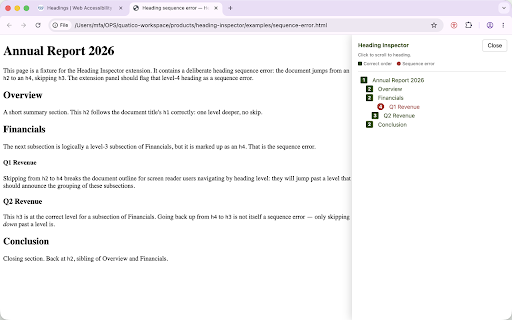 Heading Inspector :: Shows accessibility tree with heading structure (h1–h6) as screen readers see it. Finds sequence errors.