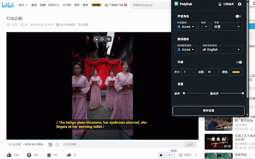 PolyDub :: AI视频翻译配音扩展,支持YouTube、Udemy、coursera、B站、本地等多平台实时字幕翻译和AI配音,字幕下载。