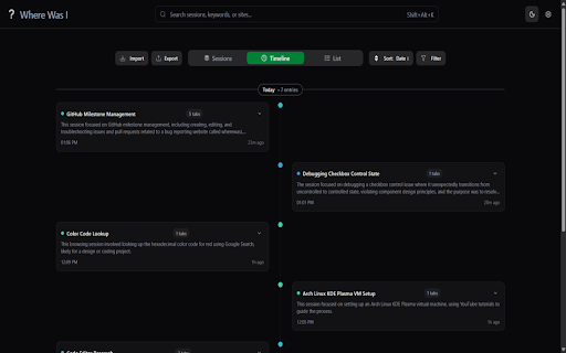 Where Was I :: A Chrome extension that remembers your sessions by capturing tabs, grouping them into sessions, with AI-powered summaries.