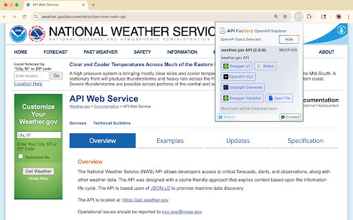 API Factory - OpenAPI Viewer & Playground :: Instantly detect and preview OpenAPI specs on any page. Explore, validate, and open in your favorite API tools.
