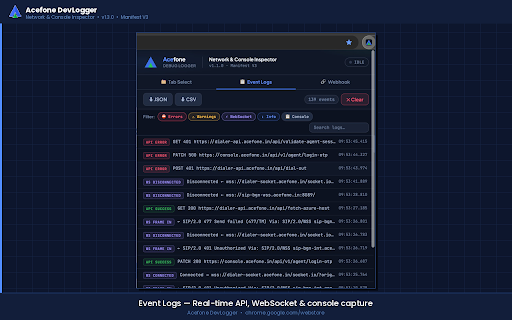Acefone Debug Logger :: Acefone internal tool: captures console logs, API failures and WebSocket disconnections for cloud telephony debugging.