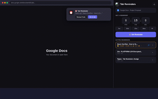 Tab Reminders :: Set reminders for your tabs. Get notified with sound, blinking tab, and snooze support.