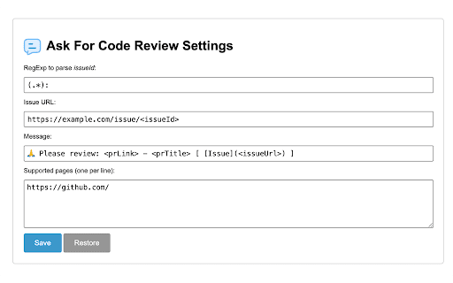 Ask For Code Review :: Adds a button to GitHub Pull Requests to generate a code review request message with issue link.
