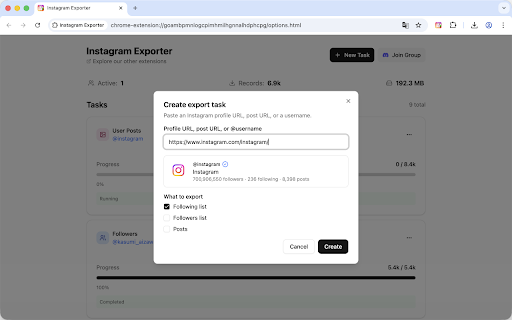 Instagram Exporter :: Export Instagram data including followers, following, posts, likes, and saved content