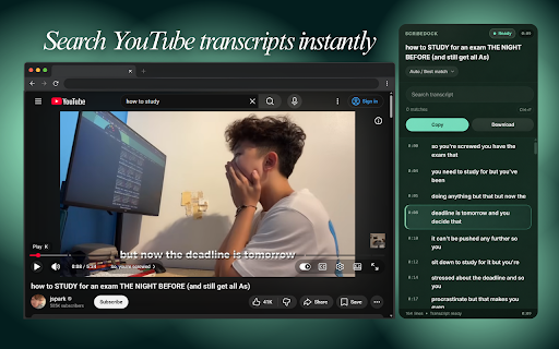 ScribeDock :: Read, search, copy, and export YouTube transcripts in a clean side panel.