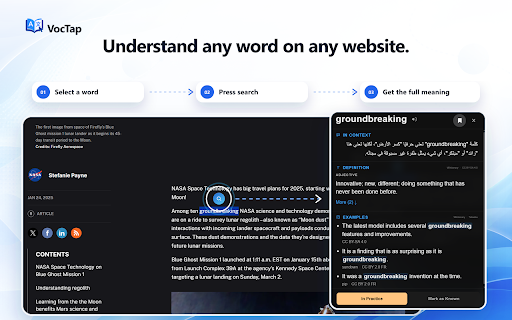 VocTap :: Look up English words on YouTube and supported subtitle sites, then save them for review.