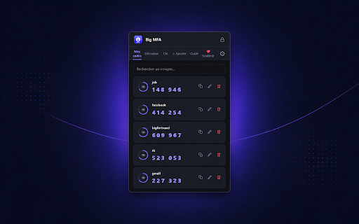 Big MFA :: Secure TOTP/HOTP authenticator with encrypted vault, QR import and offline MFA code generation.