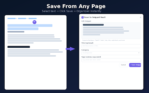 Snippet Vault — Save Text, Tables & Screenshots from Any Page :: Save text, tables & screenshots from any webpage. Organize with categories, dashboard & tags. Search, pin and reuse instantly.