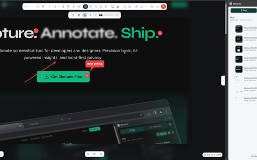 Shotuno :: Capture visible, area, or full-page screenshots and annotate them in-tab - arrows, blur, OCR, pins, and more.