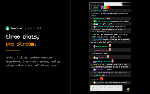 heatsync :: one panel for twitch, kick + youtube live chat. plus a free 5,000-slot emote inventory that follows you into any channel