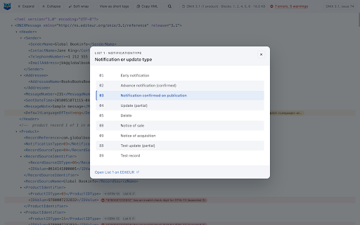 ONIX Viewer :: Readable ONIX XML in Chrome: collapsible tree, product summaries, inline EDItEUR code-list labels and automatic validation.