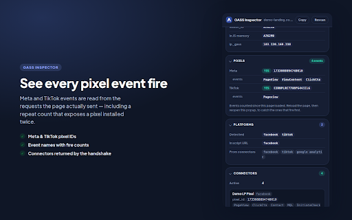 GASS Landing Page Inspector :: Detect GASS tracking install (JS, CTA link, visitor_id) plus Meta/TikTok pixels and page tech.