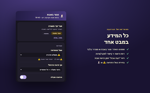 סגור בשבת — Closed on Shabbat :: מסמן אתרי מסחר ישראליים שומרי שבת ומציג באנר: האתר הזה סגור בשבת.