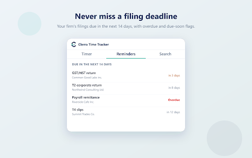 Clerra Time Tracker :: Track time per client, see upcoming filing reminders, and quick-search clients. Syncs with Clerra.