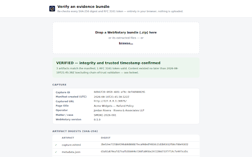 WebNotary — Evidence-Grade Web Capture :: Tamper-evident web capture: MHTML + screenshot, SHA-256 digests, RFC 3161 trusted timestamps, chain-of-custody PDF. 100% local.