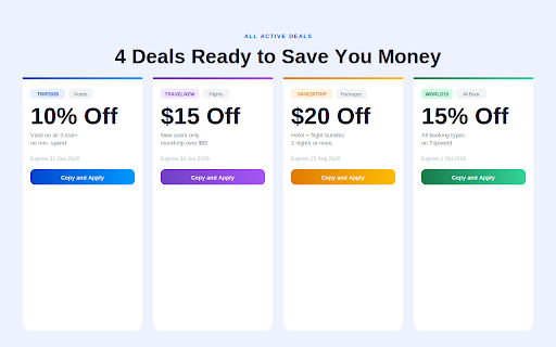 Trip Saver Pro : Auto Travel Coupons & Deals :: Trip Saver Pro automatically finds and applies coupon codes on travel booking sites to maximize your savings.