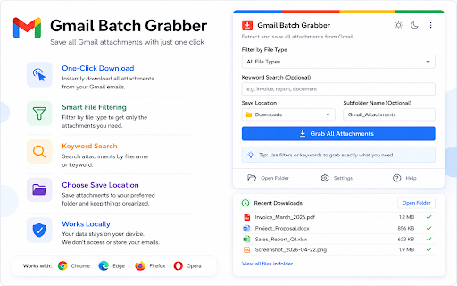 Gmail Attachment Downloader (Bulk Download & Filter) :: Download Gmail attachments in bulk. Filter by file type or keyword and save files instantly—no zip files needed.