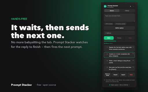 Prompt Stacker — ChatGPT, Claude, Gemini & more :: Queue prompts and auto-send the next when the AI finishes replying. Works on ChatGPT, Claude, Gemini & DeepSeek.
