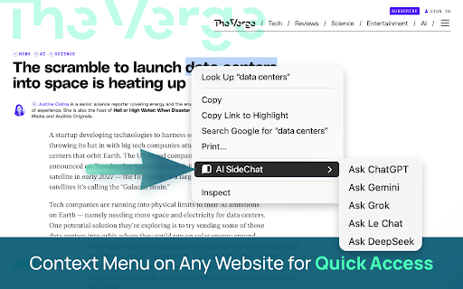 AI SideChat: Send Text & Images with Prompts :: Boost productivity: open ChatGPT, Gemini, DeepSeek & more in a side panel. Send text & images instantly with pre-defined prompts.