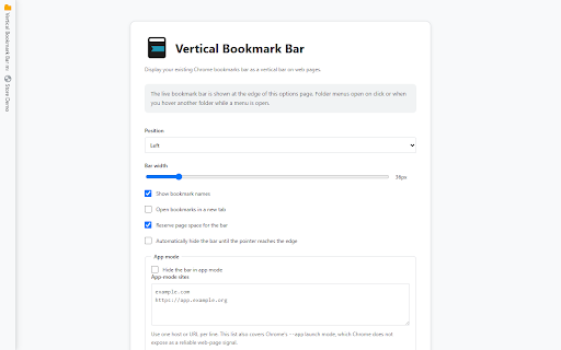 Vertical Bookmark Bar :: Display your Chrome bookmarks bar vertically on web pages.