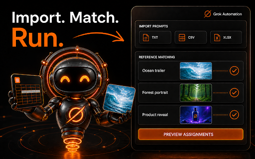 Grok Automation - Free Image and Video Generator :: Batch-generate Grok images and videos: import prompt queues, match references, resume runs, and auto-download completed results.
