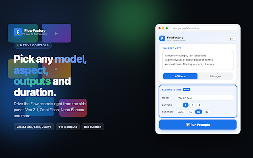 FlowFactory: Flow AI Automation :: Bulk video and image automation for Google Flow. Enter multiple prompts and auto-download all generated clips and images.