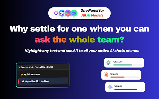 AIbar :: A unified side panel to chat with multiple AI assistants at once. Multi-pane layouts, broadcast, and page capture.
