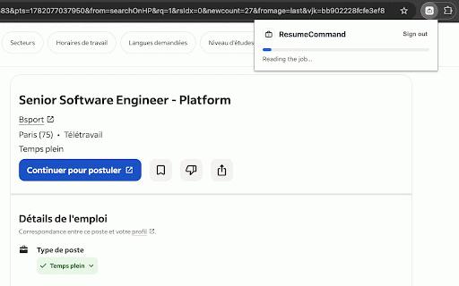 ResumeCommand — Tailor for this job :: Extract a job posting from the current page and tailor your master resume to it, without leaving the page.